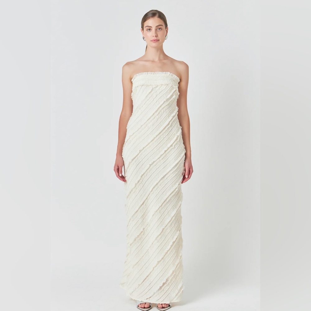 Endless Rose Strapless Ruffled Maxi Dress in Ivory
